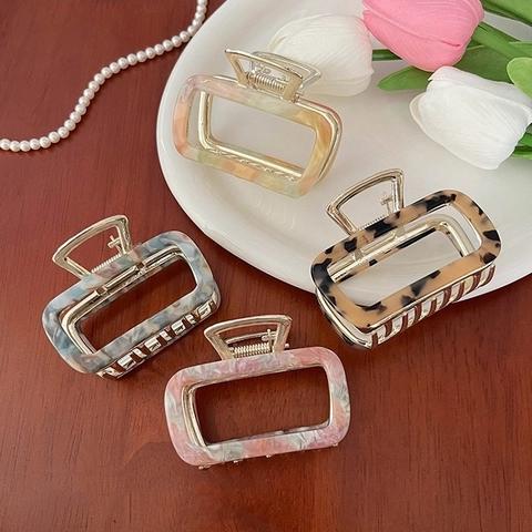 Vintage Acetate Square Hollow Hair Claw Clip Large Marble Texture Hair Accessory For Women Thick Hair Non-Slip Shark Clip