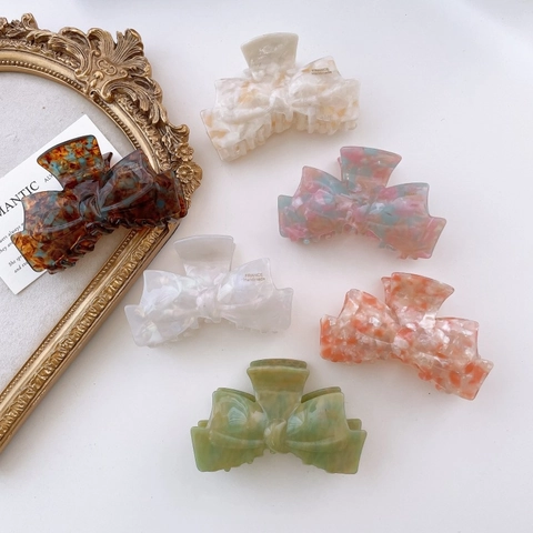 French Vintage Acetate Bow Hair Claw Clip Marble Texture Tortoise Shell Shark Clip For Women Elegant Daily Hair Accessory