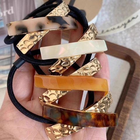 High-End Metal Acetate Splicing Hair Tie Retro Hammered Texture Elastic Hair Rope Durable Ponytail Bun Scrunchie For Women