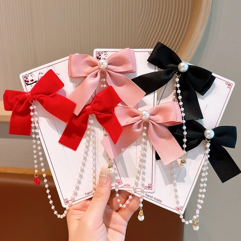 Pinza para el Pelo con Lazo de Estilo Chino Vintage para Niñas Con Borla de Perla Artificial Hecha a Mano Accesorios para el Cabello Rojos Rosas Negros Regalo de Princesa