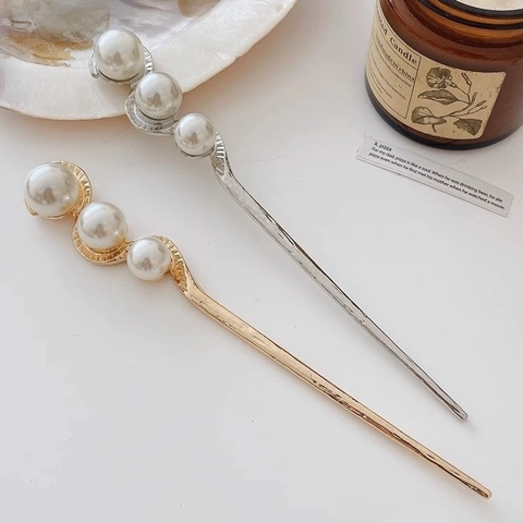 Vintage Metal Hair Stick With Artificial Pearls Modern Minimalist Wave Shape Hair Fork For Women Updo Hair Accessories