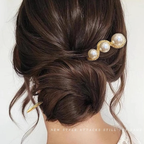 Vintage Metal Hair Stick With Artificial Pearls Modern Minimalist Wave Shape Hair Fork For Women Updo Hair Accessories
