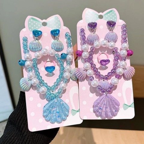 Mermaid Princess Shell Pendant Kids Jewelry Set Faux Artificial Pearl Necklace Bracelet Heart Ring Earring For Girls Birthday Party Gift