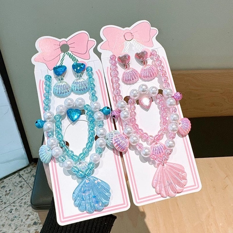 Mermaid Princess Shell Pendant Kids Jewelry Set Faux Artificial Pearl Necklace Bracelet Heart Ring Earring For Girls Birthday Party Gift
