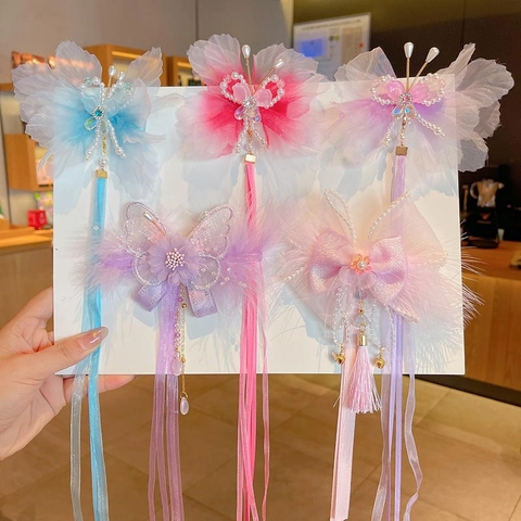 Fermagli per Capelli a Farfalla Fatti a Mano Stile Cinese per Ragazze Etereo Nastro con Nappa Garza Forcine con Perla Artificiale Hanfu Accessori per Capelli
