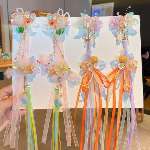 Pinzas para el Cabello para Niños Estilo Chino Accesorios para el Cabello Hanfu Flor Perla Artificial Borla Cinta Streamers Niñas