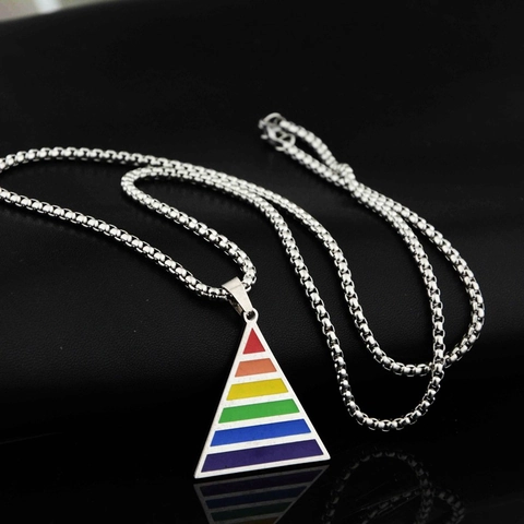 Rainbow Triangle Pendant Necklace Titanium Steel Hip Hop LGBTQ Pride Jewelry For Men Women Striped Box Chain Accessory