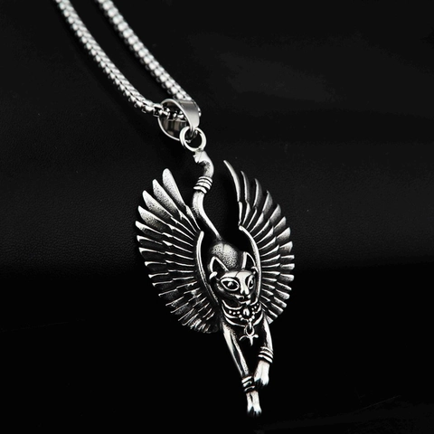 Collana Con Pendente Ala Dea Gatto Bastet Egiziana Vintage in Acciaio al Titanio Gioielli Retrò Hip Hop Punk Per Uomo Donna