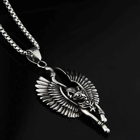 Collana Con Pendente Ala Dea Gatto Bastet Egiziana Vintage in Acciaio al Titanio Gioielli Retrò Hip Hop Punk Per Uomo Donna