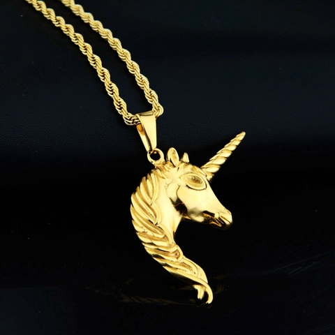 Hip Hop Gold Plattiert Titanstahl Einhorn Anhänger Halskette Mit Kordelkette Für Herren Damen Punk Schmuck Zubehör