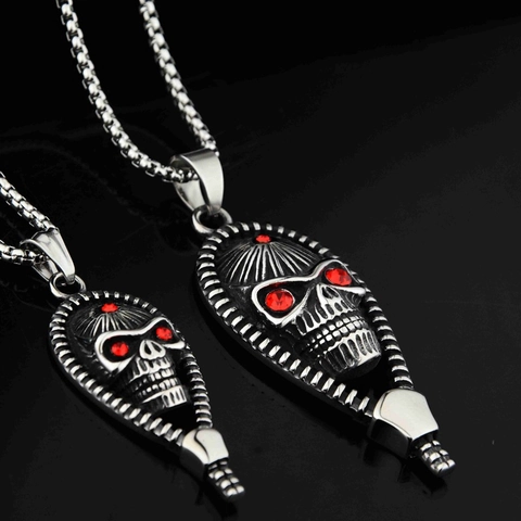 Gothik Punk Indianer Totenkopf Anhänger Halskette Edelstahl Reißverschluss Design Rote Strass Augen Hip Hop Schmuck Für Herren Damen