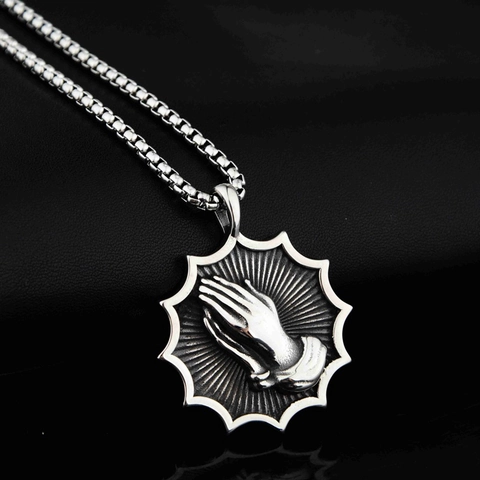 Collana Pendente Rotondo Mani in Preghiera in Acciaio al Titanio retrò per Unisex Catena a Box Hip Hop Gioielli Religiosi