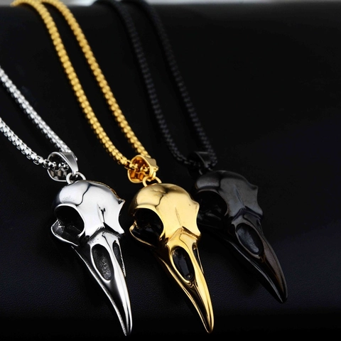Gothic Crow Skull Pendant Necklace Stainless Steel Hip Hop Punk Vintage Animal Bone Jewelry For Men Women Jewelry Gift