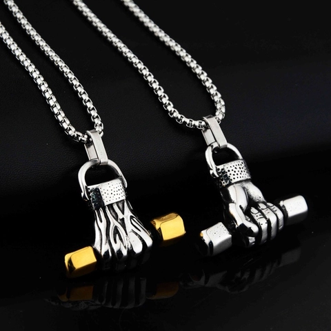 Titanium Steel Dumbbell Hand Pendant Necklace Hip Hop Fitness Jewelry Power Fist Gym Pendant For Men Women Versatile Chain