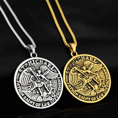 Collar Con Colgante Medalla San Miguel Patrón De La Policía Acero Inoxidable Moneda Redonda Relieve Amuleto Joyería