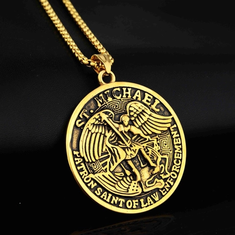 Collar Con Colgante Medalla San Miguel Patrón De La Policía Acero Inoxidable Moneda Redonda Relieve Amuleto Joyería