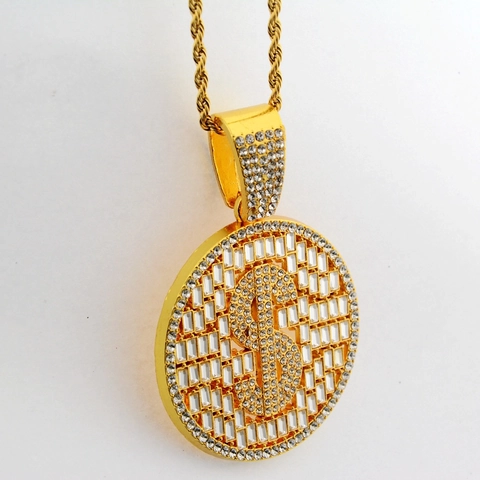 Hip Hop Dollar Sign Round Disc Iced Out Pendant Necklace Gold Plated Alloy Cubic Zirconia Jewelry For Men Women Gift