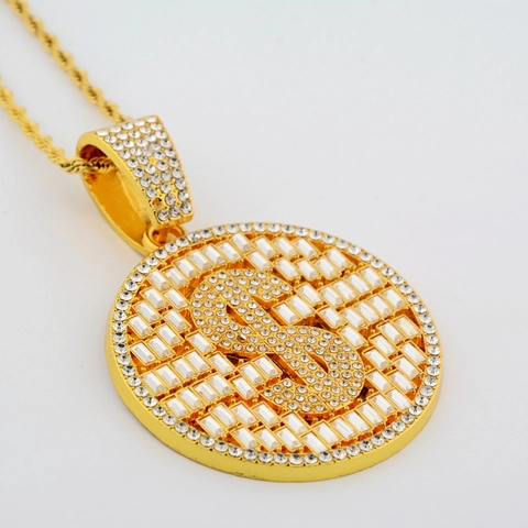 Hip Hop Dollar Sign Round Disc Iced Out Pendant Necklace Gold Plated Alloy Cubic Zirconia Jewelry For Men Women Gift