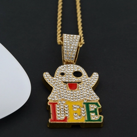 Collana Con Pendente a Fantasma Iced Out in Lega Placcata Oro Strass Hip Hop Streetwear Gioielli per Uomo Donna Festa