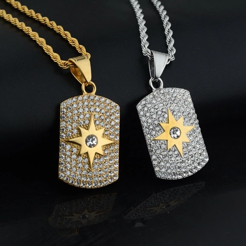 Hip Hop Vereist Achtzackiger Stern Rechteck Hundemarke Anhänger Halskette Titanstahl Seilkette Für Herren Damen Schmuck