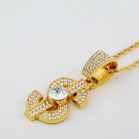 Hip Hop Dollar Sign Pendant Necklace Gold Plated Alloy Iced Out Zirconia Money Sign Necklace For Men Women Streetwear Jewelry