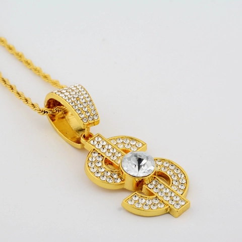 Hip Hop Dollar Sign Pendant Necklace Gold Plated Alloy Iced Out Zirconia Money Sign Necklace For Men Women Streetwear Jewelry