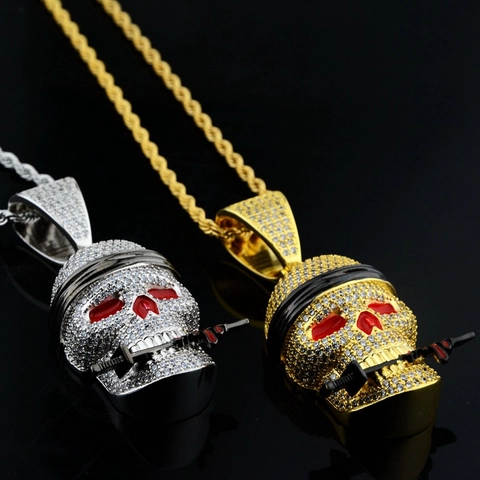 Hip Hop Kupfer Zirkonia Voll Strass Totenkopf Anhänger Halskette Mit Kordelkette Punk Streetwear Schmuck Für Herren Damen