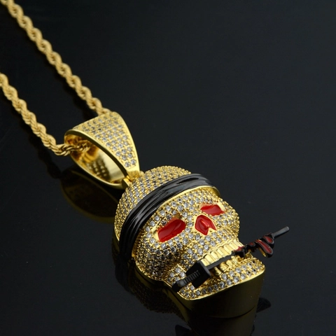 Hip Hop Kupfer Zirkonia Voll Strass Totenkopf Anhänger Halskette Mit Kordelkette Punk Streetwear Schmuck Für Herren Damen
