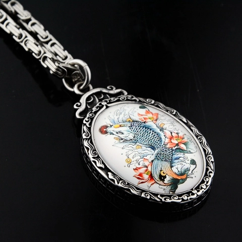 Vintage Titanium Steel Ganesha Nine-Tailed Fox Koi Pendant Necklace Hip Hop Streetwear Ethnic Thangka Oval Round Plate Jewelry