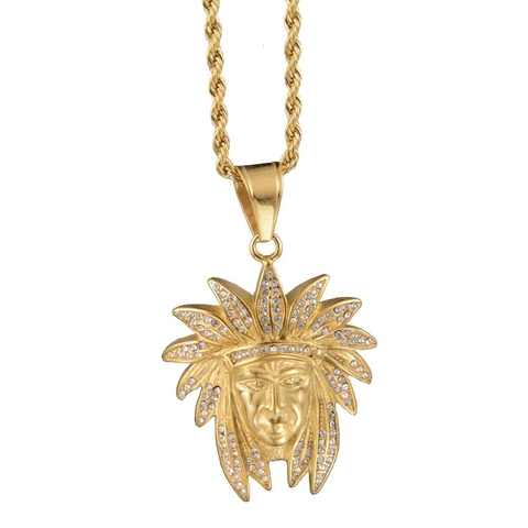 Hip Hop Titanium Staal Indiaans Opperhoofd Hanger Halsketting Goud Verguld Strass Ingelegd Touwketting Sieraden Voor Mannen Vrouwen