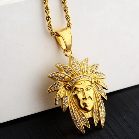 Hip Hop Titanium Staal Indiaans Opperhoofd Hanger Halsketting Goud Verguld Strass Ingelegd Touwketting Sieraden Voor Mannen Vrouwen