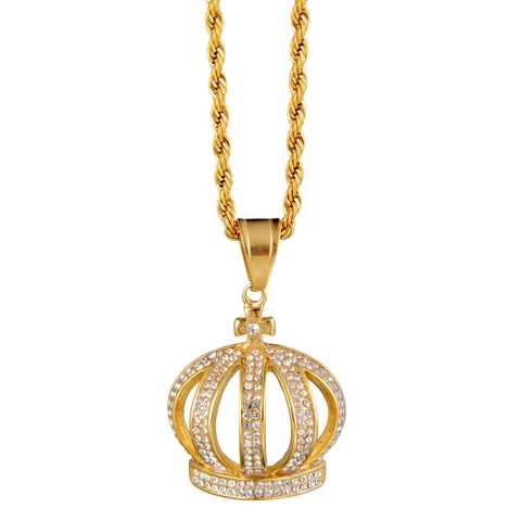 Collana Con Ciondolo a Corona Hip Hop per Uomo Donna Placcata in Oro Acciaio Inossidabile Strass Catena a Corda Gioielli