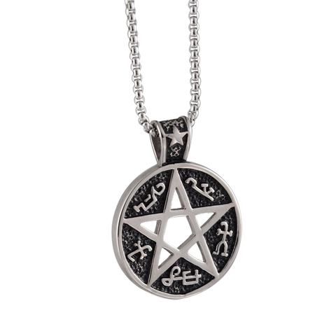 Vintage Titanium Steel Pentagram Pendant Necklace For Men Women Gothic Hip Hop Sanskrit Rune Mystical Round Hollow Necklace