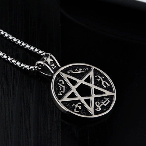 Vintage Titanium Steel Pentagram Pendant Necklace For Men Women Gothic Hip Hop Sanskrit Rune Mystical Round Hollow Necklace