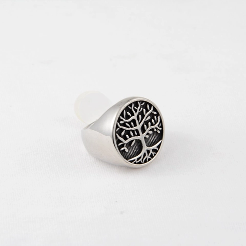 Vintage Edelstahl Lebensbaum Ring Für Damen Herren Hip Hop Oxidiertes Silber Rundes Gesicht Geometrischer Fingerschmuck Accessoire