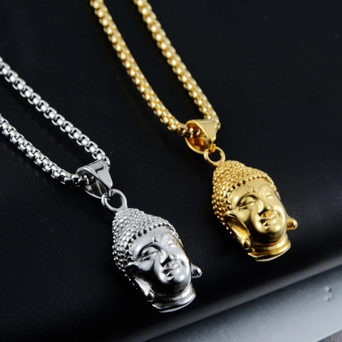 Hip Hop Stainless Steel Buddha Head Pendant Necklace For Men Women Religious Style Gold Silver Box Chain Jewelry Gift