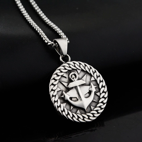 Vintage Titanium Steel Viking Anchor Compass Pendant Necklace Retro Nautical Hip Hop Jewelry Gift For Unisex Everyday Wear