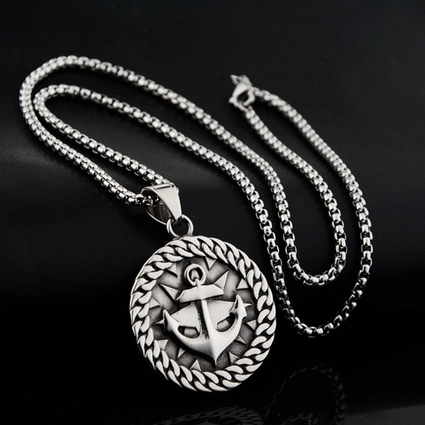 Vintage Titanium Steel Viking Anchor Compass Pendant Necklace Retro Nautical Hip Hop Jewelry Gift For Unisex Everyday Wear