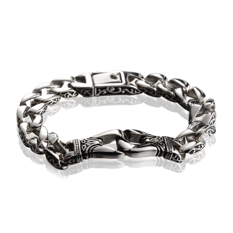 Bracciale Cuban Link in Acciaio al Titanio con Totem Retro per Uomo Hip Hop Gotico con Volute Incise Gioielli Punk