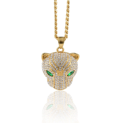 Hip Hop Leopard Kopf Anhänger Halskette Strass Titanstahl Grüne Augen Gold Silber Panzerkette Seilkette Schmuck Für Damen Herren