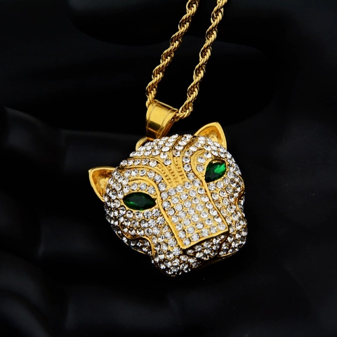 Hip Hop Leopard Kopf Anhänger Halskette Strass Titanstahl Grüne Augen Gold Silber Panzerkette Seilkette Schmuck Für Damen Herren