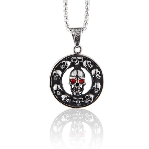 Collana con Pendente a Teschio in Acciaio Inossidabile Gotico Punk Hip Hop Gioielli a Cerchio con Occhi in Zirconia Rossa