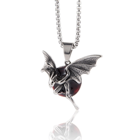 Collana con Pendente ad Ali di Pipistrello Gotico Acciaio Inossidabile Retrò Pietra Rossa Hip Hop Punk Gioielli Unisex