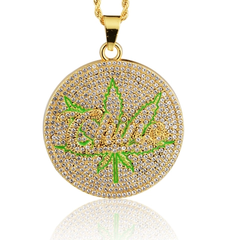 Collier Pendentif Feuille Ronde Hip Hop Iced Out Alliage Strass Lettre China Ton Or Argent Chaîne Torsadée Bijoux Unisexe