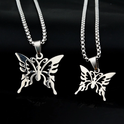 Titanium Steel Hollow Butterfly Pendant Necklace Hip Hop Punk Unisex Streetwear Trendy Fashion Jewelry Silver Butterfly