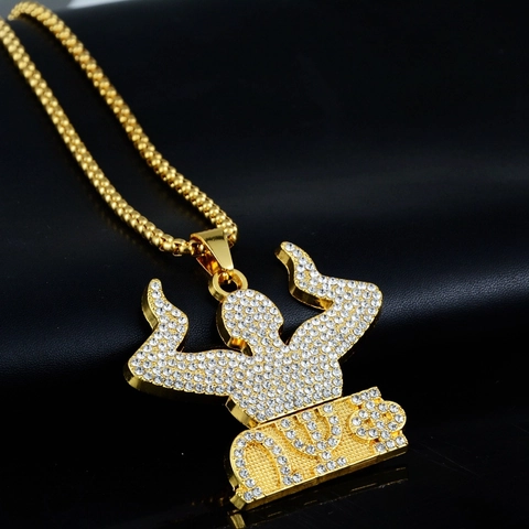 Hip Hop Muscle Man Pendant Necklace Gold Alloy Iced Out Rhinestone Bodybuilder Lifting Hands Greek Letters Jewelry Necklace
