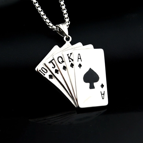 Hip Hop Titanstahl Poker Royal Flush Anhänger Halskette Herren Damen Trendy Edelstahl Pik Herz Karten Schmuck