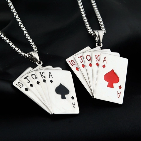 Hip Hop Titanstahl Poker Royal Flush Anhänger Halskette Herren Damen Trendy Edelstahl Pik Herz Karten Schmuck