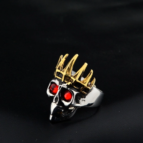 Gothic Stainless Steel Skull Ring With Gold Crown Spiked Punk Hip Hop Rhinestone Inlaid Ring For Men Women Fashion Jewelry