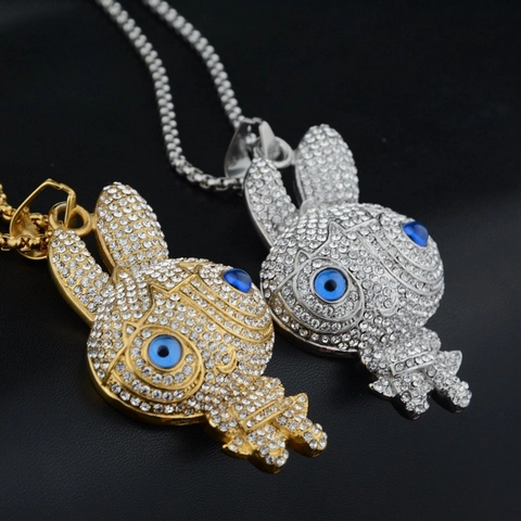 Iced Out Rabbit Pendant Necklace Titanium Steel Rhinestone Inlaid Hip Hop Streetwear Jewelry For Men Women Daily Accessory
